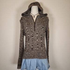 DKNY Jeans Women's Half‎ Zip Knit Hoodie Sweater Brown Cream Textured M